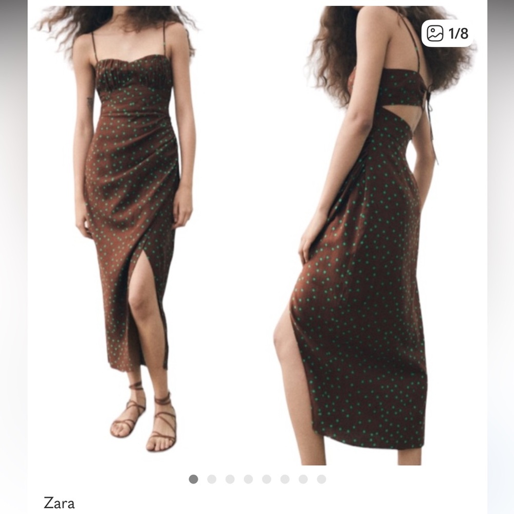 Zara Brown Midi Dress with Green Dots